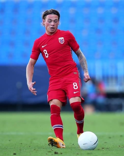 Patrick Berg of Norway in action during an International Friendly Match between Norway and Greece at Estadio La Rosaleda on June 06, 2021 in Malaga,...
