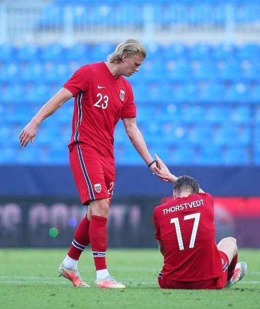Erling Haaland and Martin Linnes of Norway look on defeated during a International Friendly Match between Norway and Greece at Estadio La Rosaleda on...