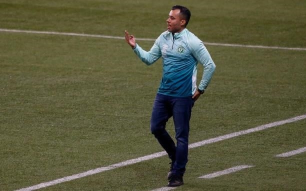Jair Ventura coach of Chapecoense gestures during a match between Palmeiras and Chapecoense as part of Brasileirao 2021 at Allianz Parque on June 06,...