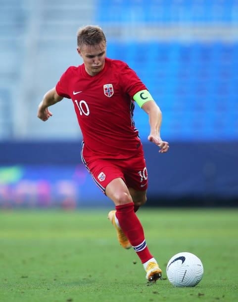 Martin Odegaard of Norway looks on during an International Friendly Match between Norway and Greece at Estadio La Rosaleda on June 06, 2021 in...