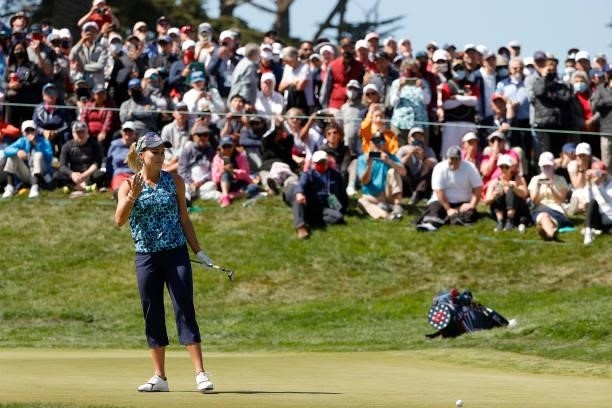 Lexi Thompson of the United States reacts to her missed putt on the 18th hole during the final round of the 76th U.S. Women's Open Championship at...