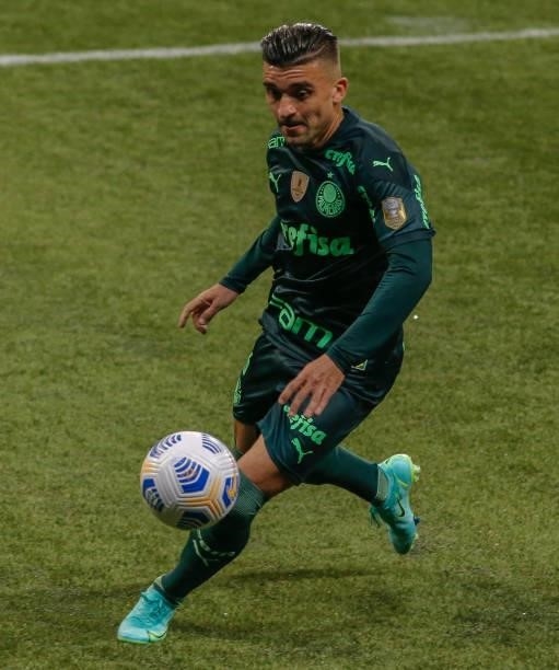 Victor Luis of Palmeiras controls the ball during a match between Palmeiras and Chapecoense as part of Brasileirao 2021 at Allianz Parque on June 06,...