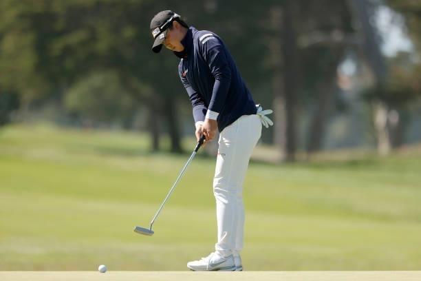 Yuka Saso of the Philippines putts on the ninth hole playoff against Nasa Hataoka of Japan during the final round of the 76th U.S. Women's Open...
