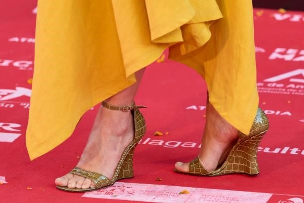 Veronica Echegui, shoes detail, attends 'Live is Life' premiere during the 24th Malaga Film Festival at the Miramar Theater on June 06, 2021 in...