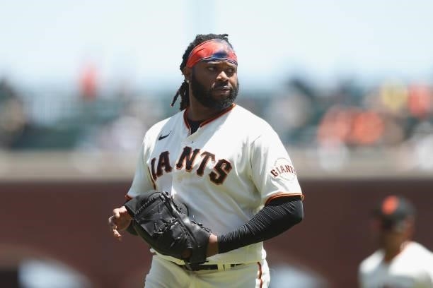 Starting pitcher Johnny Cueto of the San Francisco Giants looks on after pitching in the top of the second inning against the Chicago Cubs at Oracle...