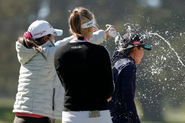 Yuka Saso of the Philippines is doused with water after winning the 76th U.S. Women's Open Championship at The Olympic Club on June 06, 2021 in San...