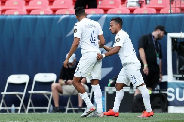 Edwin Rodriguez of Honduras celebrates with his team mate Marcelo Pereira after scores 1st goal in second half during the CONCACAF Nations League...