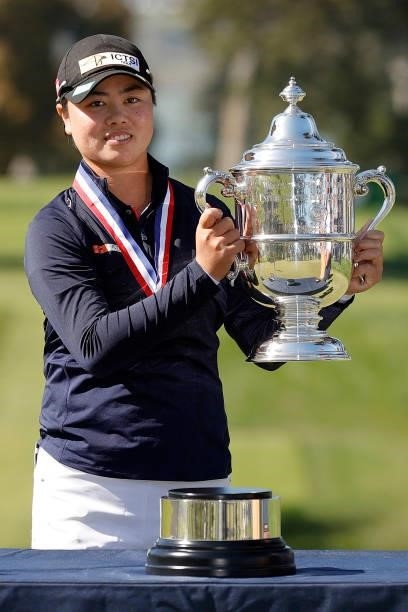 Yuka Saso of the Philippines celebrates with the Harton S. Semple Trophy after winning the 76th U.S. Women's Open Championship at The Olympic Club on...