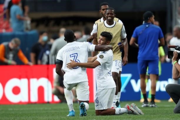Aaron Salazar and Keysher Fuller of Honduras celebrates after winning in penalties during the CONCACAF Nations League Championship third place match...