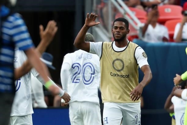 Elvin Casildo of Honduras celebrates after winning in penalties during the CONCACAF Nations League Championship third place match between Honduras...