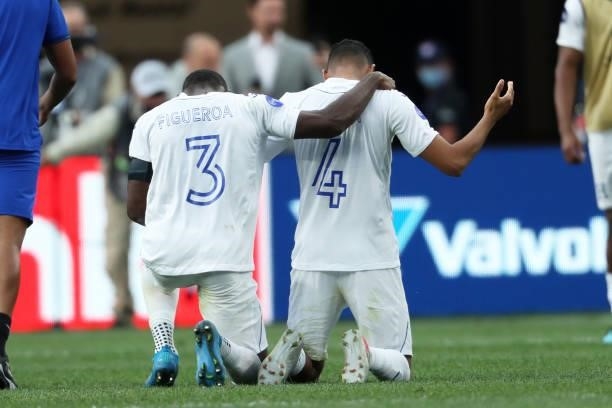 Maynor Figueroa and Marcelo Pereira of Honduras celebrates after winning in penalties during the CONCACAF Nations League Championship third place...