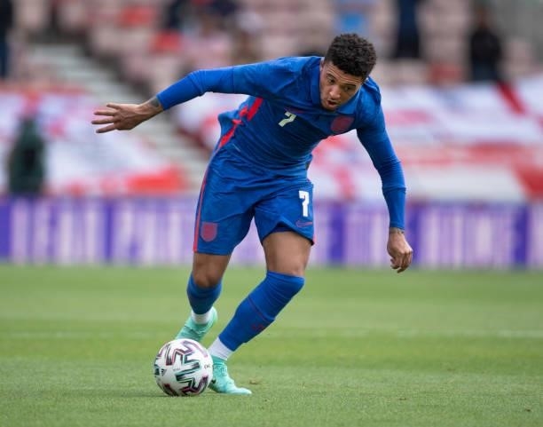 Jadon Sancho of England in action during the international friendly match between England and Romania at Riverside Stadium on June 6, 2021 in...
