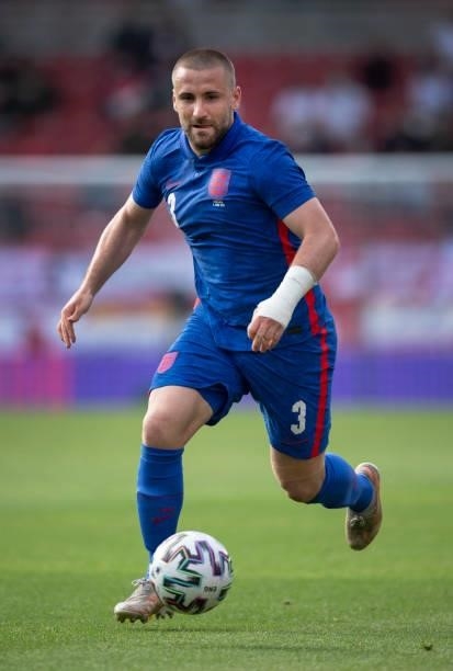 Luke Shaw of England in action during the international friendly match between England and Romania at Riverside Stadium on June 6, 2021 in...