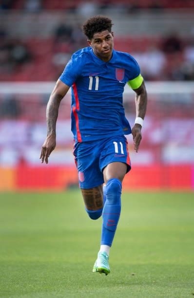 Marcus Rashford of England in action during the international friendly match between England and Romania at Riverside Stadium on June 6, 2021 in...