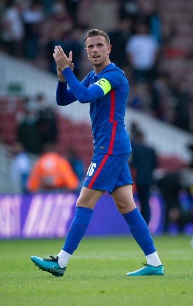 Jordan Henderson of England applauds the crowd after the international friendly match between England and Romania at Riverside Stadium on June 6,...