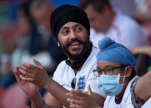 Asian England supporters during the international friendly match between England and Romania at Riverside Stadium on June 6, 2021 in Middlesbrough,...