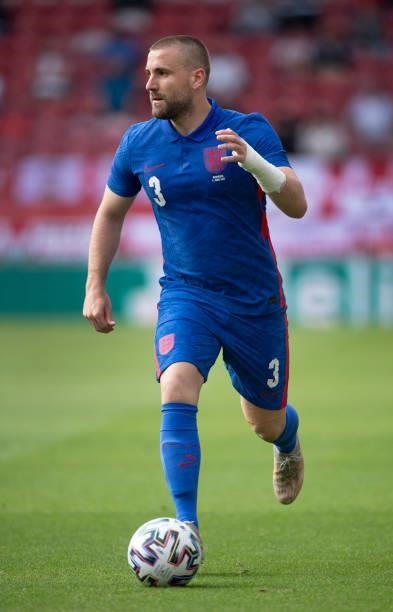Luke Shaw of England in action during the international friendly match between England and Romania at Riverside Stadium on June 6, 2021 in...