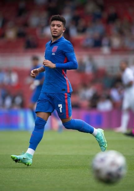 Jadon Sancho of England in action during the international friendly match between England and Romania at Riverside Stadium on June 6, 2021 in...