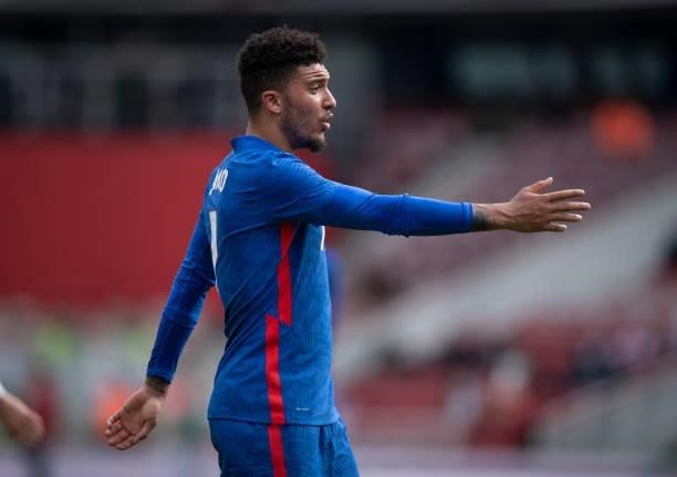 Jadon Sancho of England during the international friendly match between England and Romania at Riverside Stadium on June 6, 2021 in Middlesbrough,...