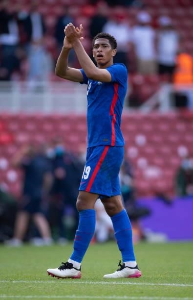Jude Bellingham of England applauds the crowd after the international friendly match between England and Romania at Riverside Stadium on June 6, 2021...