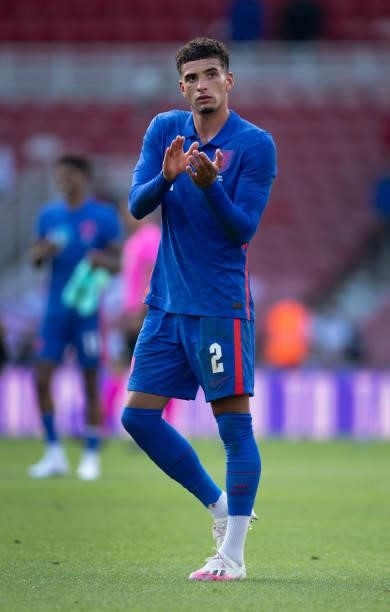 Ben Godfrey of England applauds the crowd after the international friendly match between England and Romania at Riverside Stadium on June 6, 2021 in...