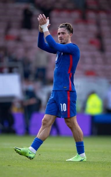 Jack Grealish of England applauds the crowd after the international friendly match between England and Romania at Riverside Stadium on June 6, 2021...