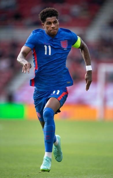 Marcus Rashford of England in action during the international friendly match between England and Romania at Riverside Stadium on June 6, 2021 in...