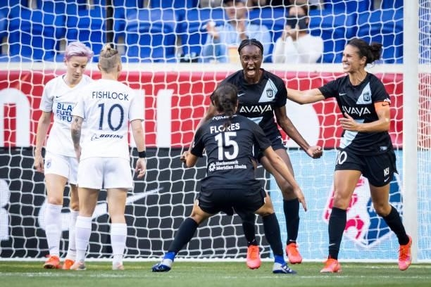Ifeoma Onumonu of NJ/NY Gotham FC celebrates her goal in the first half of the match against OL Reign at Red Bull Arena on June 5, 2021 in Harrison,...