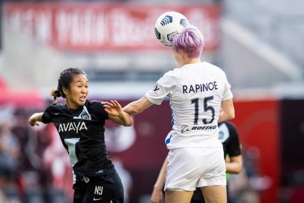 Megan Rapinoe of OL Reign goes for a header in the first half of the match against NJ/NY Gotham FC at Red Bull Arena on June 5, 2021 in Harrison, New...
