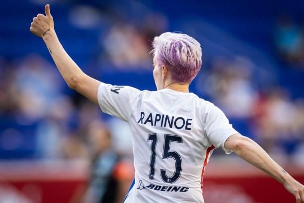 Megan Rapinoe of OL Reign gives a thumbs up in the first half of the match against NJ/NY Gotham FC at Red Bull Arena on June 5, 2021 in Harrison, New...