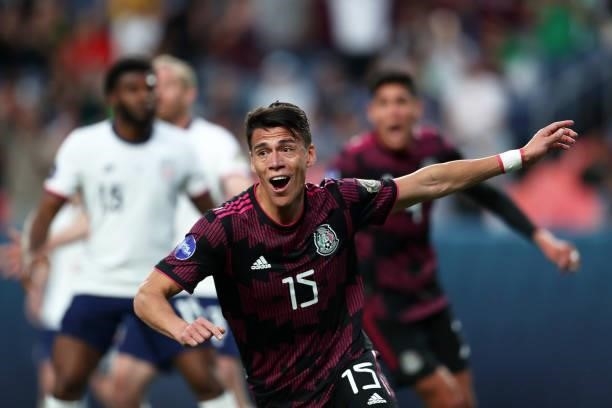 Hector Moreno of Mexico celebrates after scoring a second goal, however it was disallowed during the CONCACAF Nations League Championship Final...