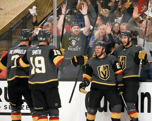 Alex Pietrangelo, Reilly Smith, Jonathan Marchessault and Nicolas Roy of the Vegas Golden Knights celebrate Marchessault's second-period power-play...
