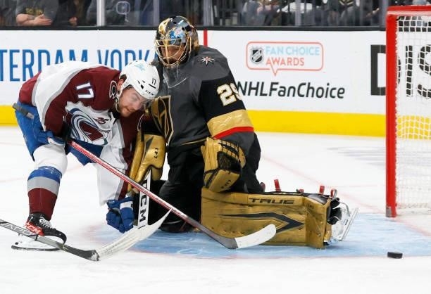 Marc-Andre Fleury of the Vegas Golden Knights blocks a shot by Tyson Jost of the Colorado Avalanche in the first period in Game Four of the Second...