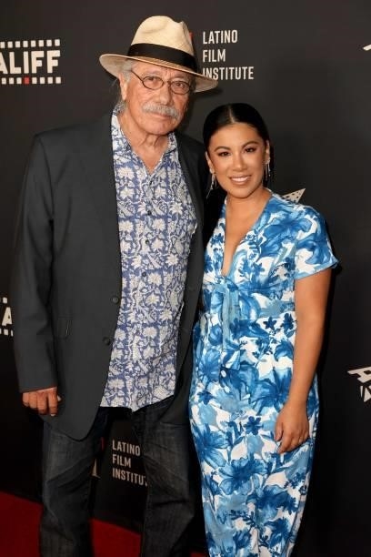 Edward James Olmos and Chrissie Fit attend the closing night premiere of "Women Is Losers" during the 2021 Los Angeles International Latino Film...
