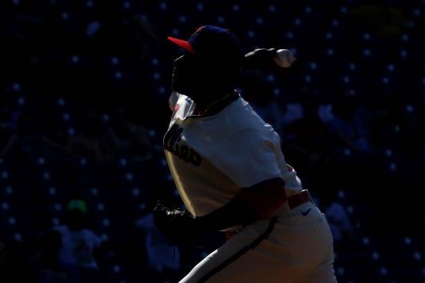Hector Neris of the Philadelphia Phillies in action against the Washington Nationals in a game at Citizens Bank Park on June 6, 2021 in Philadelphia,...