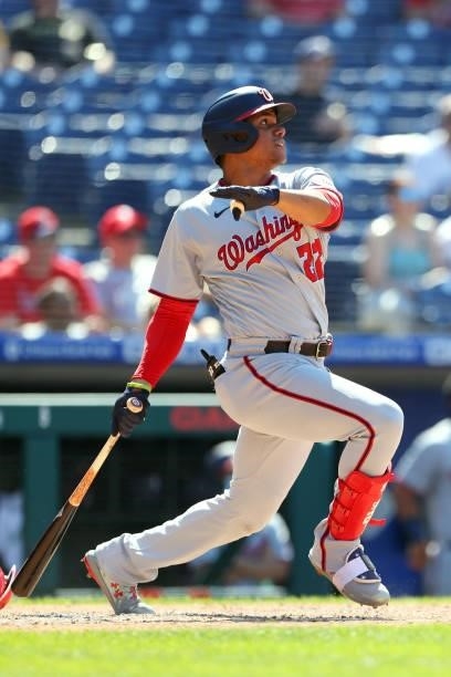 Juan Soto of the Washington Nationals hits a triple against the Philadelphia Phillies during a game at Citizens Bank Park on June 6, 2021 in...