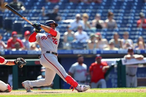 Juan Soto of the Washington Nationals hits a triple against the Philadelphia Phillies during a game at Citizens Bank Park on June 6, 2021 in...