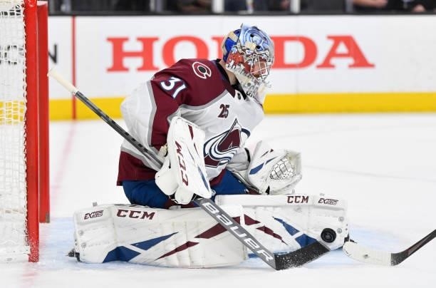 Philipp Grubauer of the Colorado Avalanche makes a save during the third period against the Vegas Golden Knights in Game Four of the Second Round of...