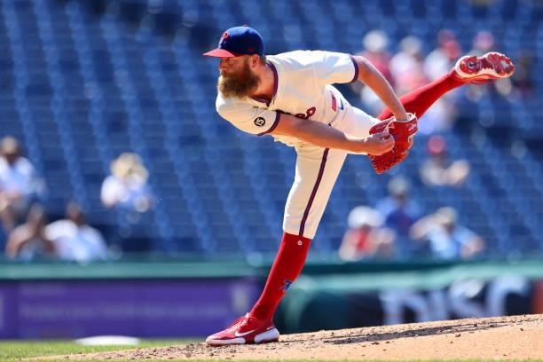 Archie Bradley of the Philadelphia Phillies in action against the Washington Nationals during a game at Citizens Bank Park on June 6, 2021 in...