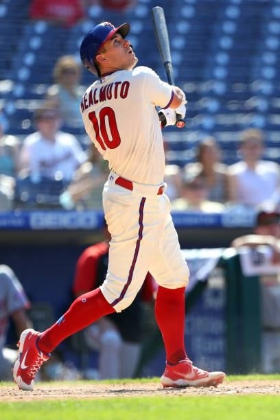 Realmuto of the Philadelphia Phillies hits a three-run home run during the sixth inning of a game against the Washington Nationals at Citizens Bank...