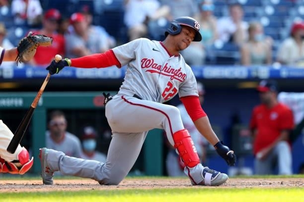 Juan Soto of the Washington Nationals in action against the Philadelphia Phillies during a game at Citizens Bank Park on June 6, 2021 in...