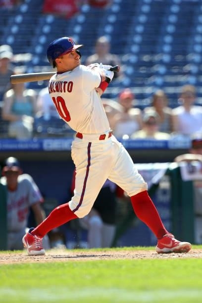 Realmuto of the Philadelphia Phillies hits a three-run home run during the sixth inning of a game against the Washington Nationals at Citizens Bank...