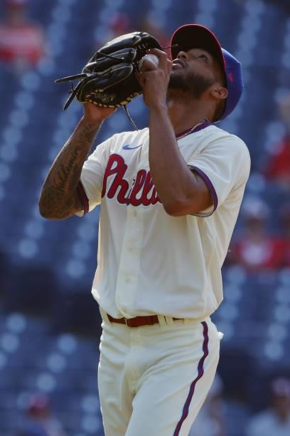 Cristopher Sanchez of the Philadelphia Phillies gestures after his Major League debut against the Washington Nationals in a game at Citizens Bank...