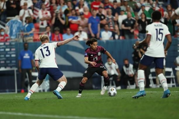 Diego Lainez of Mexico kicks the ball during the CONCACAF Nations League Championship Final between United States and Mexico at Empower Field At Mile...