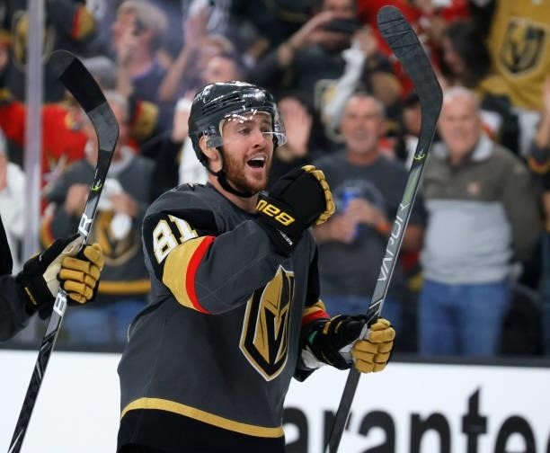 Jonathan Marchessault of the Vegas Golden Knights celebrates on the ice after the team's 5-1 victory over the Colorado Avalanche in Game Four of the...