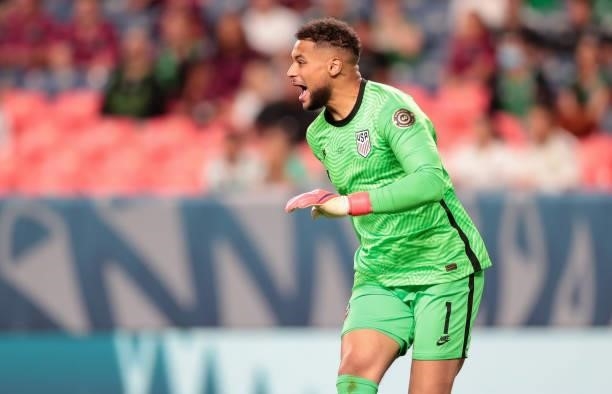 Zack Steffen of the United States barks out directives during the CONCACAF Nations League Championship Final between the United States and Mexico at...