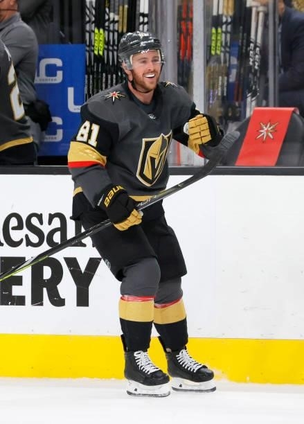Jonathan Marchessault of the Vegas Golden Knights celebrates after he scored a third-period goal, his third goal of the game, against the Colorado...