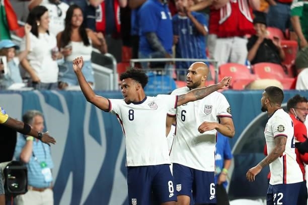 Weston McKennie of United States celebrates after scores 2nd goal for his team during the CONCACAF Nations League Championship Final between United...