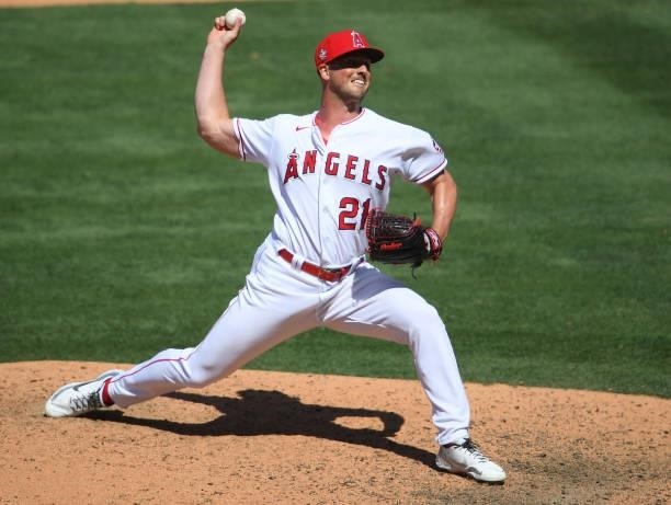Mike Mayers of the Los Angeles Angels pitches in the game against the Los Angeles Angels at Angel Stadium of Anaheim on June 6, 2021 in Anaheim,...