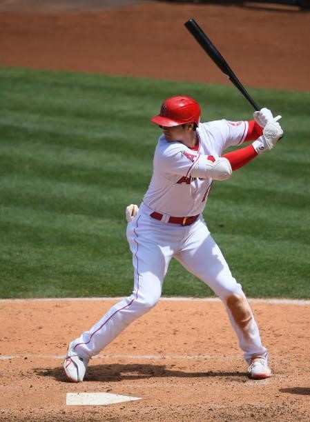 Shohei Ohtani of the Los Angeles Angels at bat in the game against the Seattle Mariners at Angel Stadium of Anaheim on June 6, 2021 in Anaheim,...